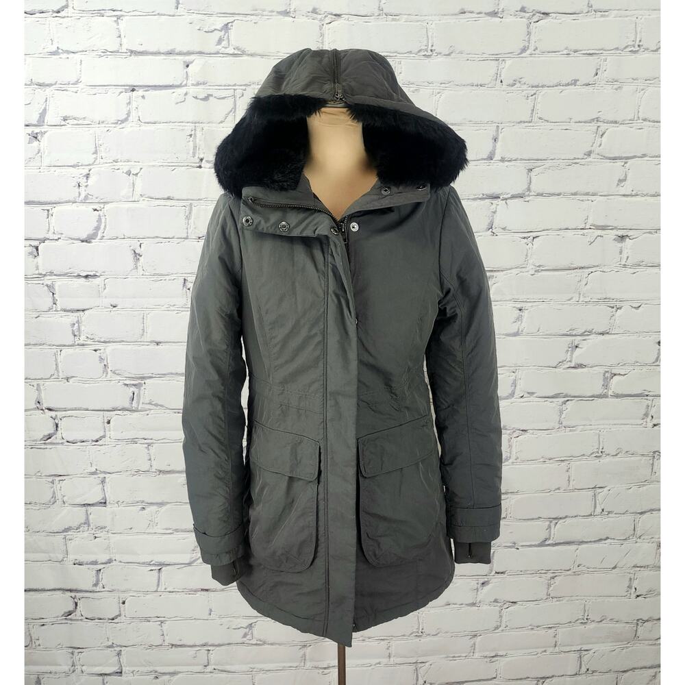 ATHLETA Parka Jacket Women XXS Gray Faux Fur Hooded Coat Warm Winter ski outdoor